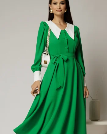 Rochie DY Fashion midi verde cu guler si mansete in contrast