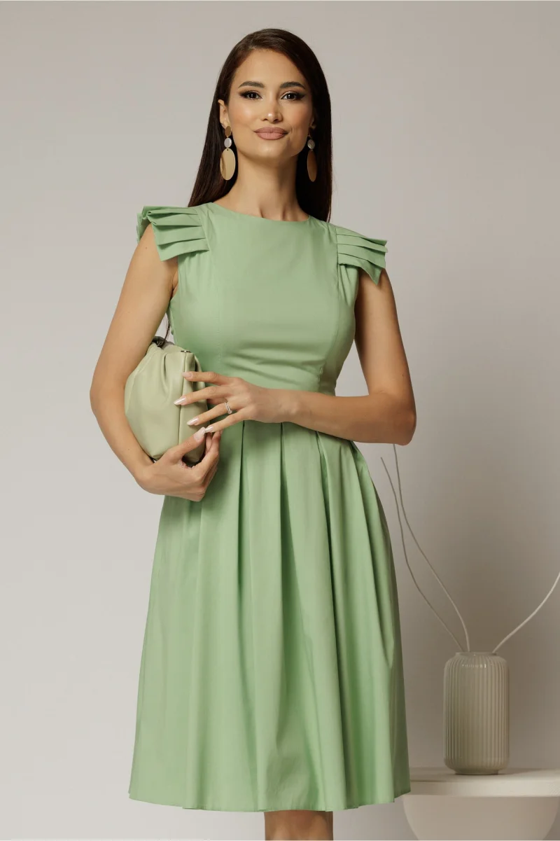 Rochie DY Fashion midi verde fistic din poplin in clos cu volane la umeri