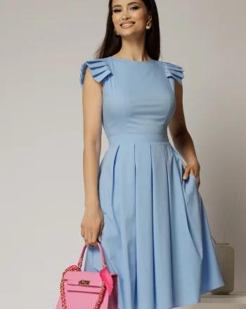 Rochie DY Fashion midi bleu din poplin in clos cu volane la umeri
