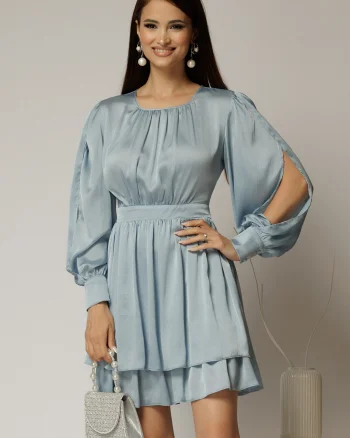 Rochie DY Fashion bleu scurta din voal cu manecile sparte si fusta suprapusa