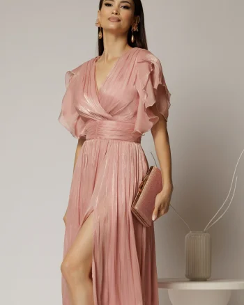 Rochie DY Fashion midi roz cu manecile suprapuse si decolteu petrecut