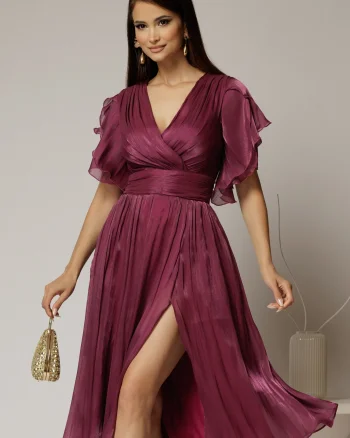 Rochie DY Fashion midi mov pruna cu manecile suprapuse si decolteu petrecut
