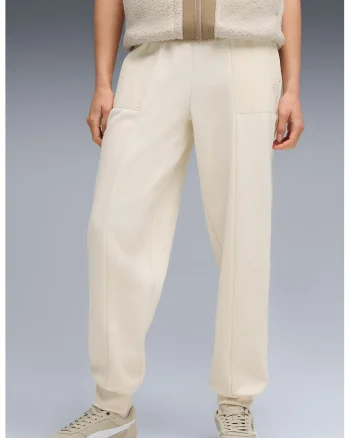 Pantaloni de trening cu buzunare si talie inalta, Crem