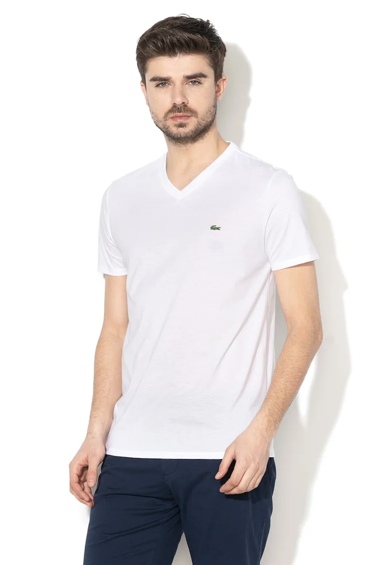 Tricou din bumbac cu decolteu in V, Alb
