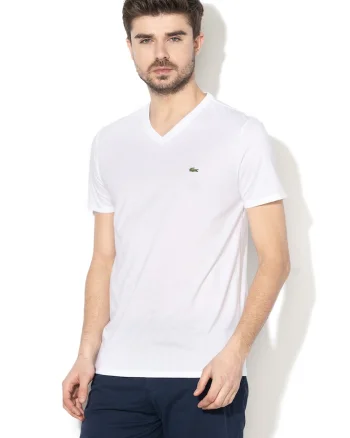 Tricou din bumbac cu decolteu in V, Alb