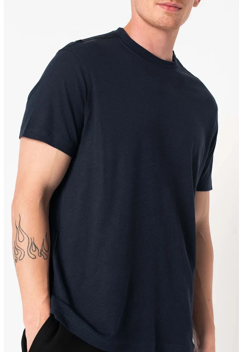 Tricou cu decolteu la baza gatului din amestec de in, Bleumarin