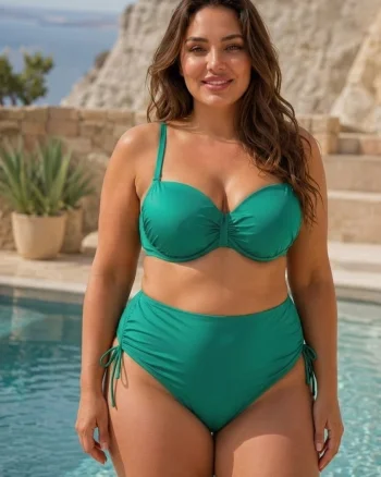 Costum de baie dama 2 piese verde, slip cu talie inalta ajustabila si sutien balconette 19151