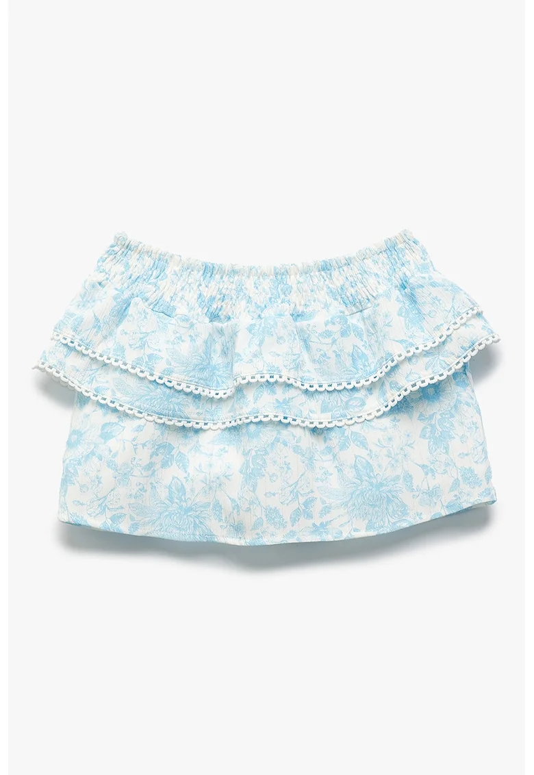Bluza cu decolteu pe umeri si imprimeu floral, Alb/Albastru deschis