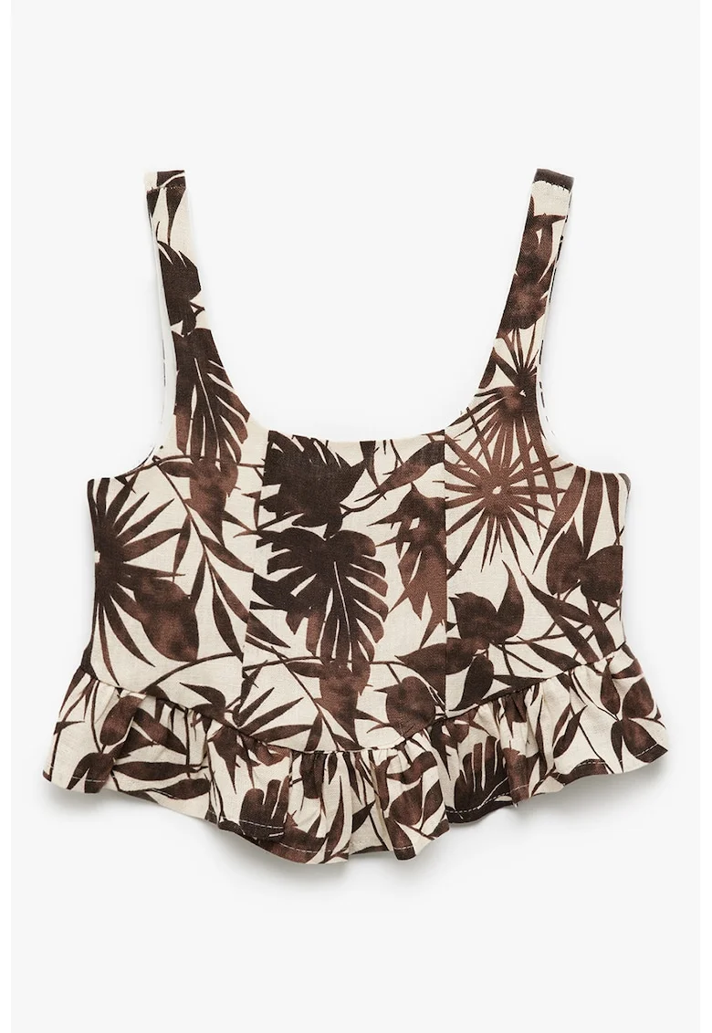 Top crop cu imprimeu tropical, Maro/Crem