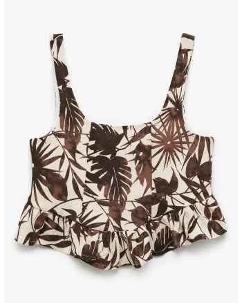 Top crop cu imprimeu tropical, Maro/Crem