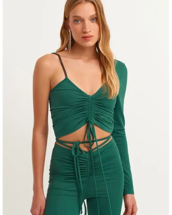 Bluza uni cu decolteu in V, Verde aquamarin