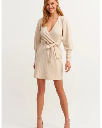 Rochie mini texturata cu snur in talie, Bej deschis