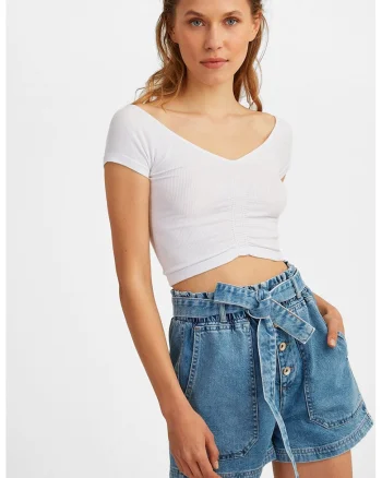 Tricou crop din amestec de modal, Alb optic