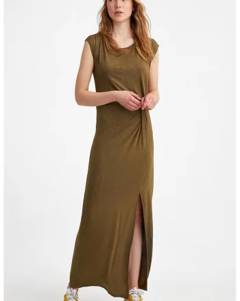 Rochie maxi cu slit lateral si fronseuri, Verde masliniu
