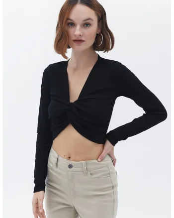 Bluza crop din amestec de lyocell cu nod frontal, Negru