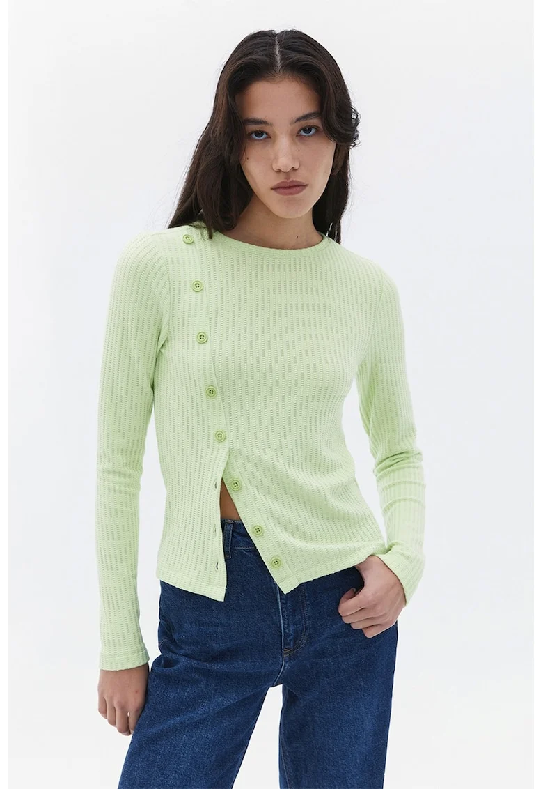 Pulover striat cu nasturi, Verde pal