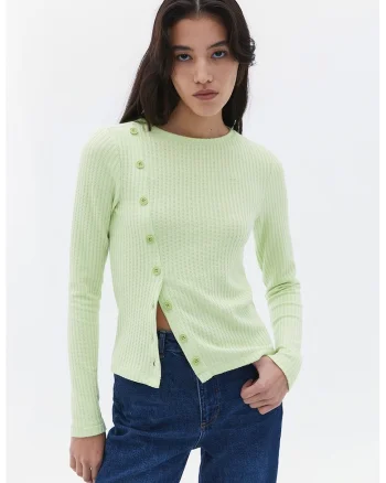 Pulover striat cu nasturi, Verde pal