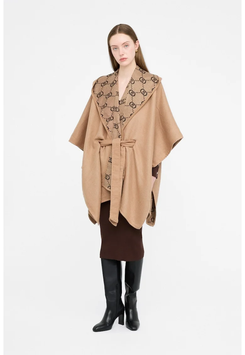 Poncho asimetric cu gluga, Bej