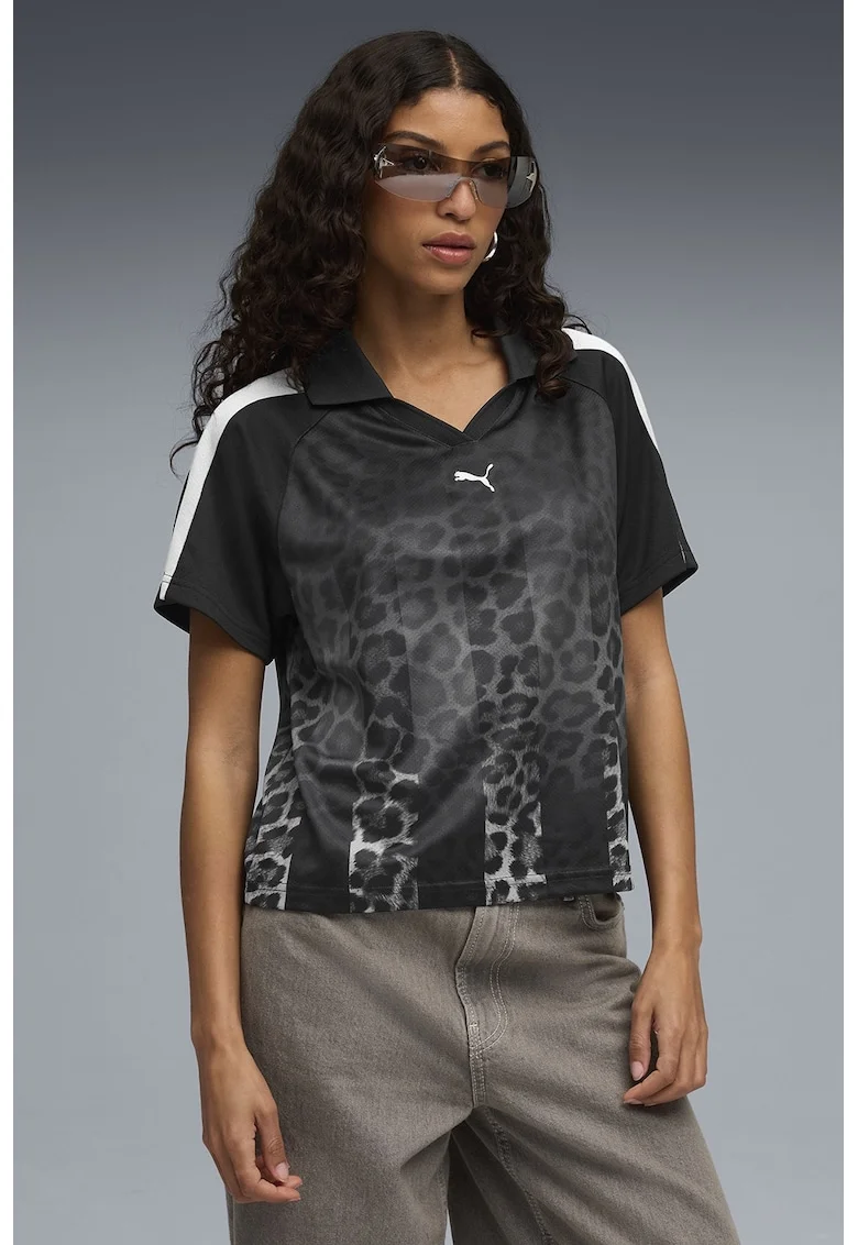 Tricou polo cu animal print Leo Luxe, Alb/Negru