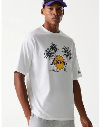 Tricou cu decolteu la baza gatului NBA LA Lakers Palm Tree, Negru/Galben/Alb optic