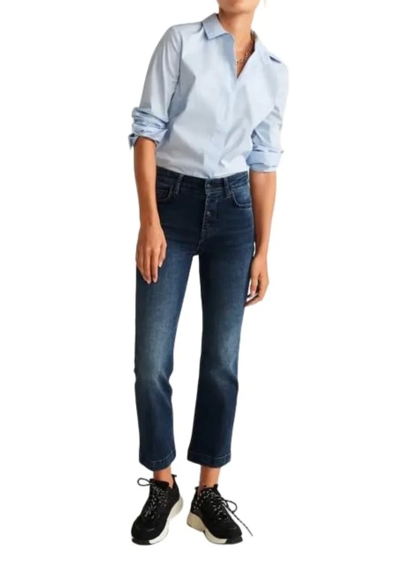 Pantaloni dama  drepti, talie inalta, albastru, bumbac-elastan,