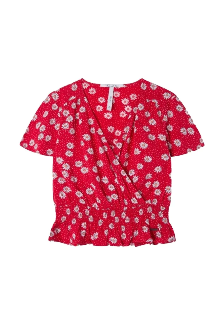 Tricou model petrecut cu imprimeu floral, Rosu