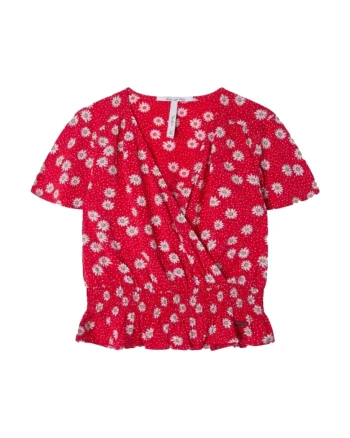 Tricou model petrecut cu imprimeu floral, Rosu