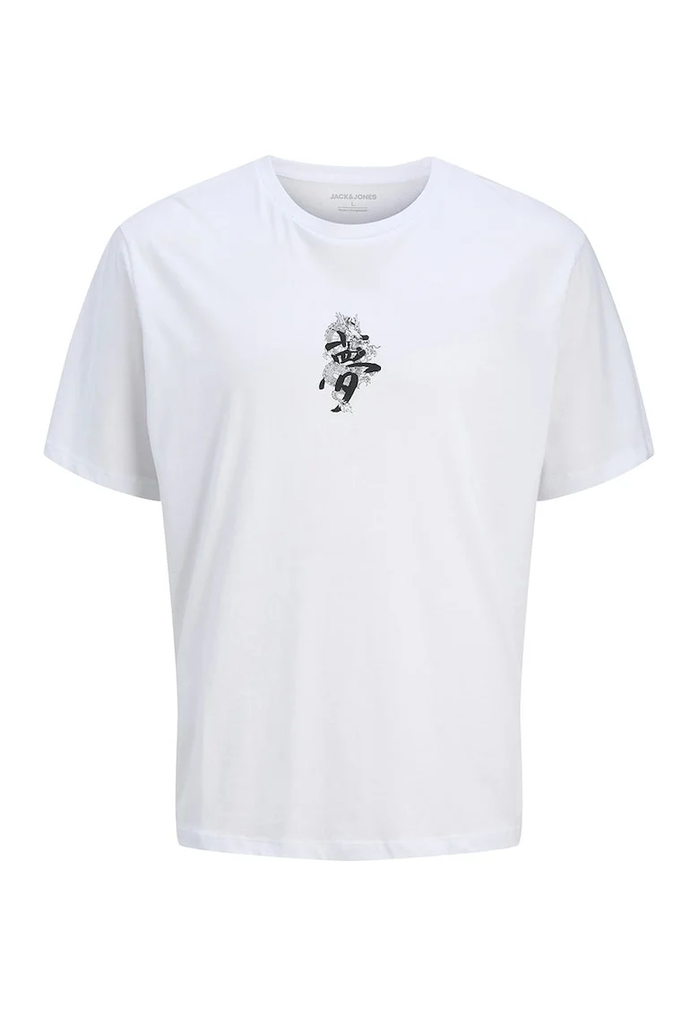 Tricou cu imprimeu si decolteu la baza gatului, Negru stins/Alb optic