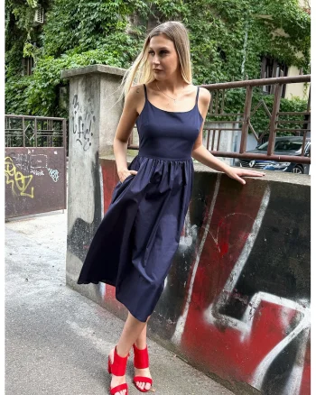 Rochie midi evazata cu bretele inguste, Bleumarin