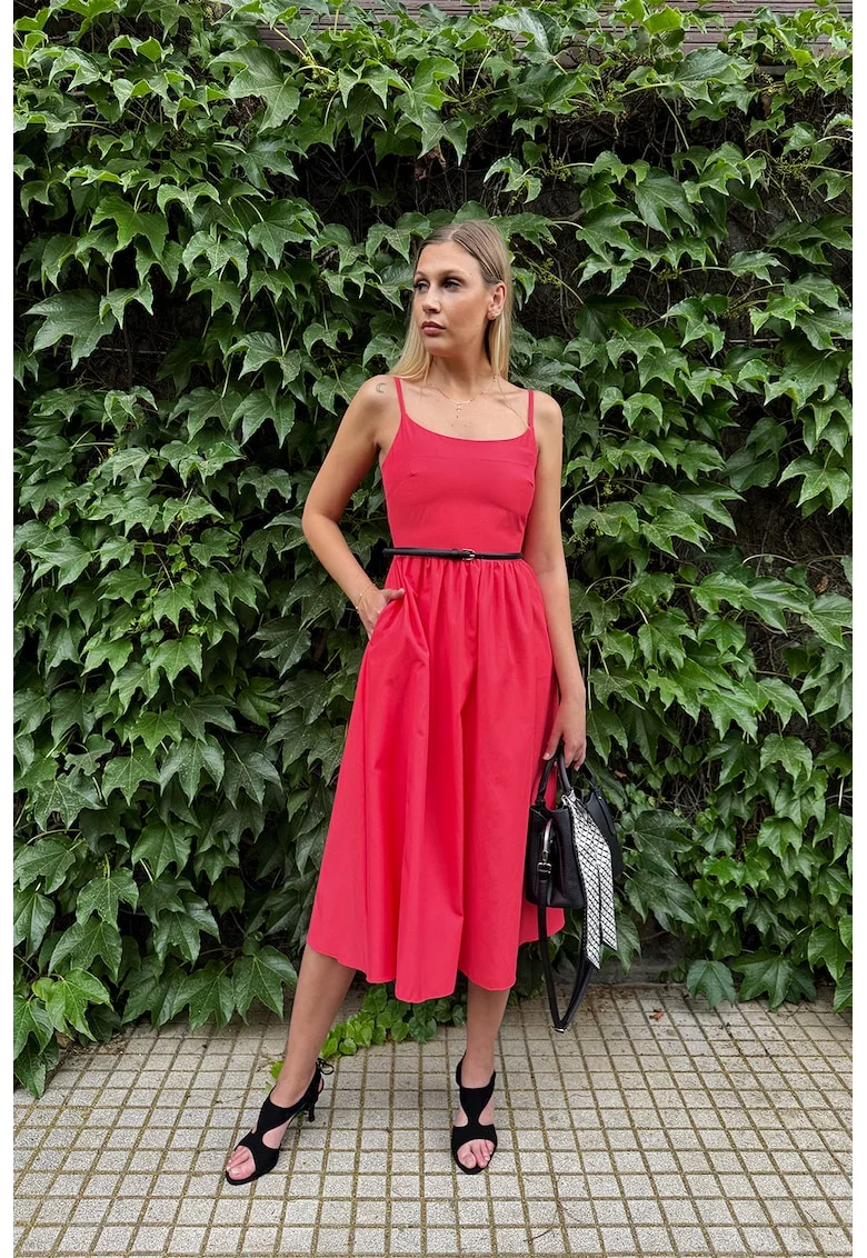 Rochie midi evazata cu curea subtire in talie, Coral