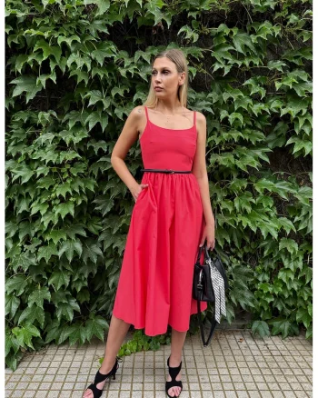 Rochie midi evazata cu curea subtire in talie, Coral