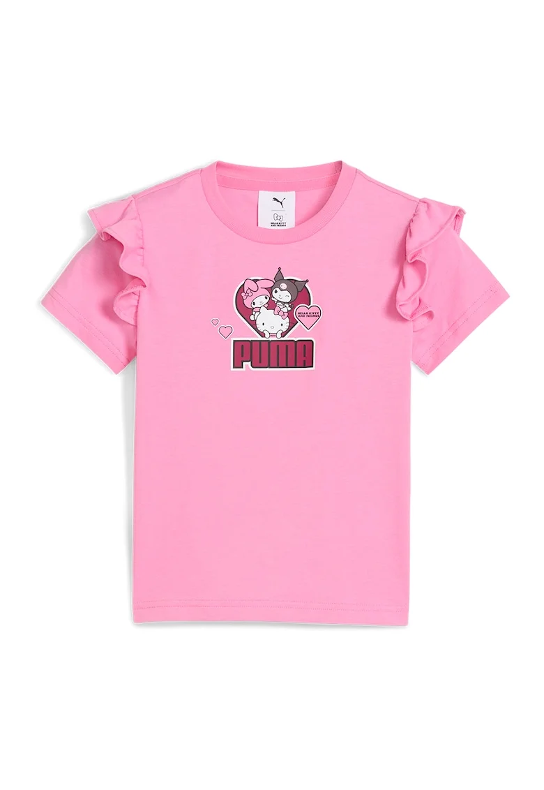 Tricou din bumbac cu volane si imprimeu, Alb/Roz zmeuriu/Roz pastel