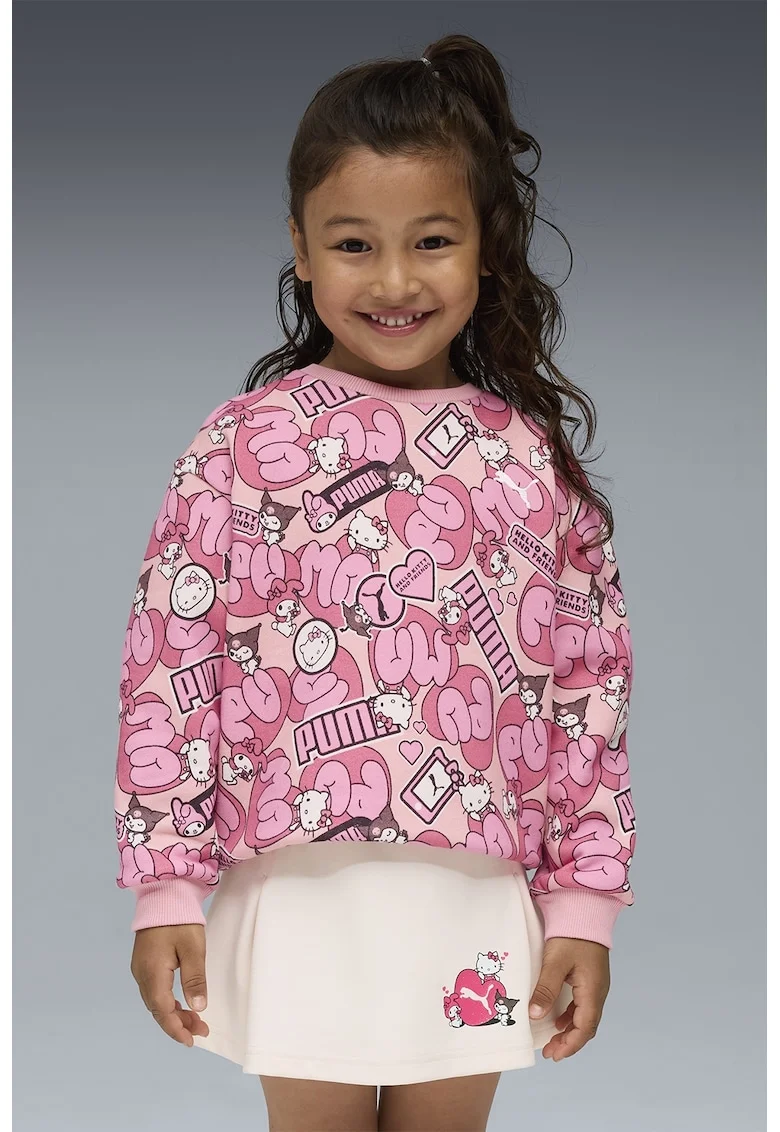 Bluza de trening cu model Hello Kitty si logo, Alb/Negru/Roz