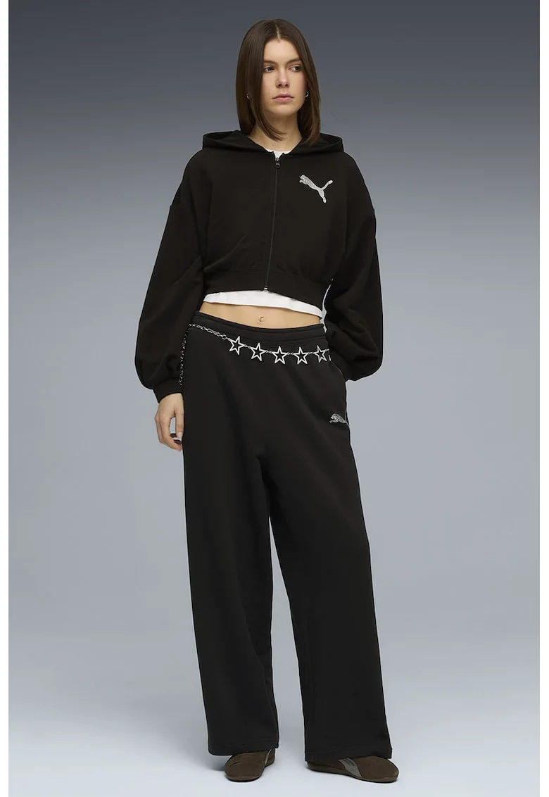 Pantaloni cu croiala ampla, talie medie si logo, Negru