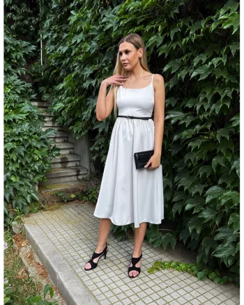 Rochie cu croiala in A si bretele inguste ajustabile, Albastru glaciar