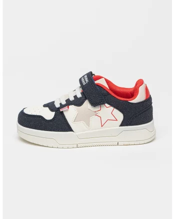 Pantofi din piele ecologica cu inchidere velcro, Alb murdar/Bleumarin