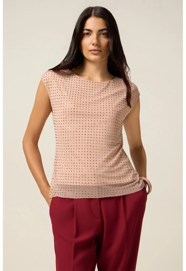 Bluza cu maneci scurte si decoratii cu strasuri, Roz somon/Argintiu