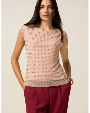 Bluza cu maneci scurte si decoratii cu strasuri, Roz somon/Argintiu