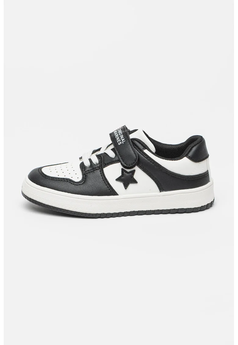 Pantofi sport din piele ecologica cu bareta cu inchidere velcro, Negru/Alb optic