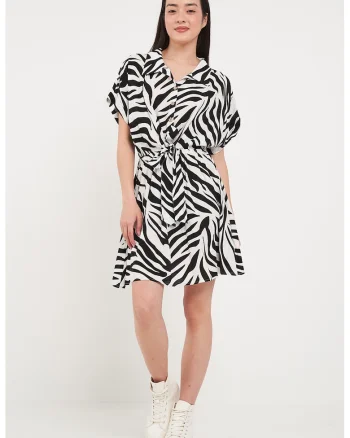 Rochie mini evazata cu nasturi si zebra, Alb/Negru