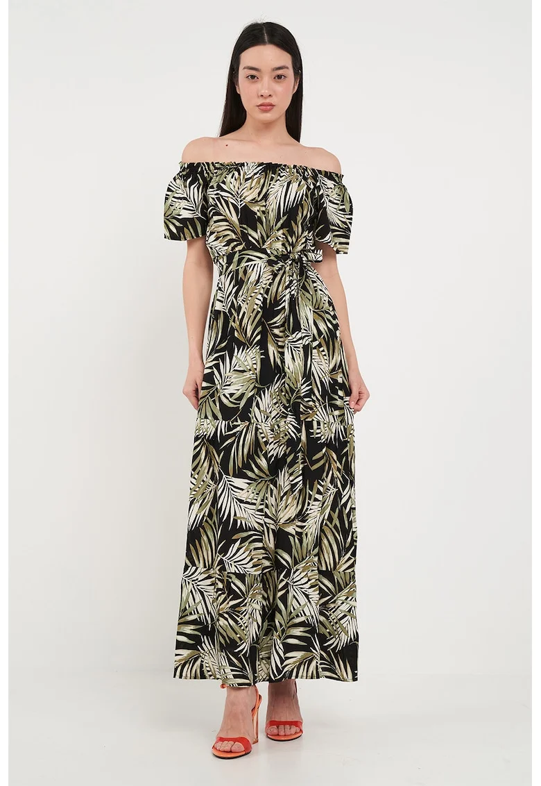 Rochie maxi cu model si decolteu pe umeri, Alb fildes/Negru/Verde sparanghel