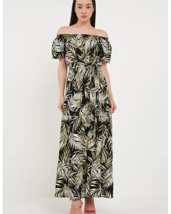 Rochie maxi cu model si decolteu pe umeri, Alb fildes/Negru/Verde sparanghel