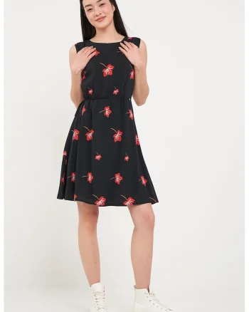 Rochie scurta cu croiala A si model floral, Rosu/Alb/Negru
