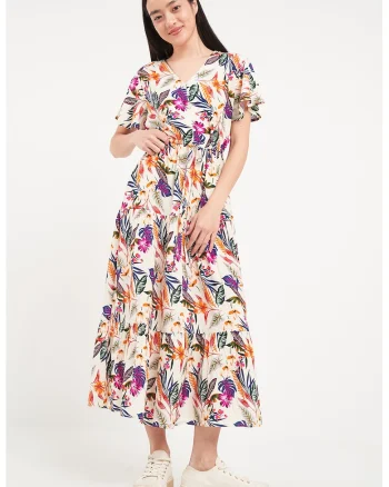 Rochie lunga cu model floral si decolteu in V, Alb fildes/Portocaliu/Violet