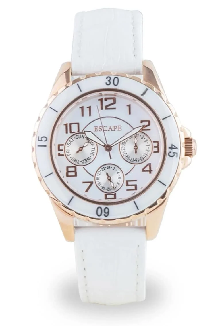 Ceas dama  36 mm, curea piele ecologica alba, rezistenta la apa 5 ATM