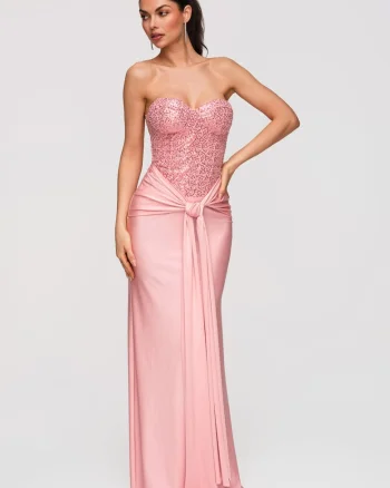 Rochie Maxi de Seara Eleganta cu Paiete si Spate Gorset, Roz