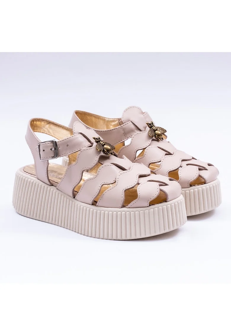 Sandale dama din piele naturala cu accesoriu, crem bizonat