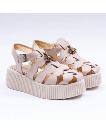Sandale dama din piele naturala cu accesoriu, crem bizonat