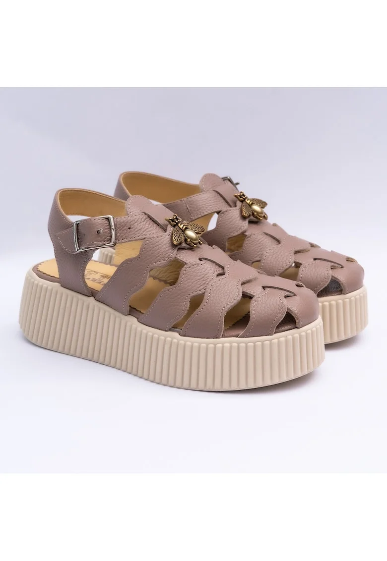 Sandale dama din piele naturala cu accesoriu, roz pal bizonat, Roz pal