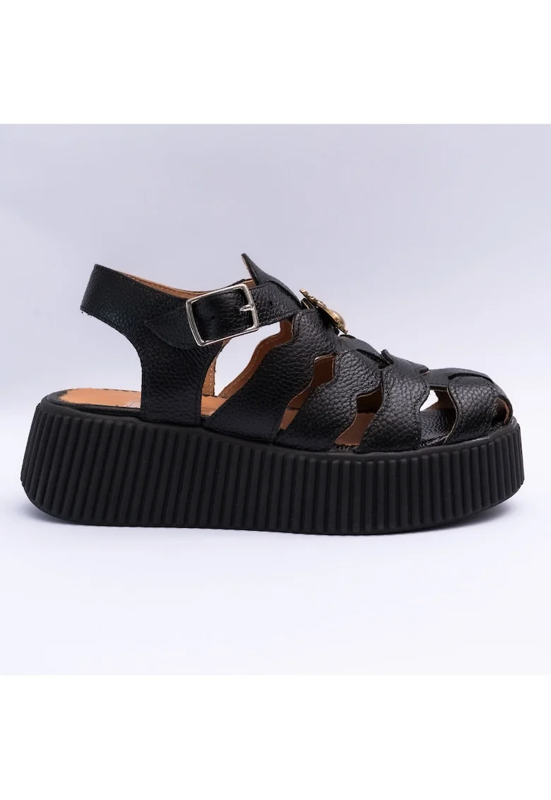 Sandale dama din piele naturala cu accesoriu, negru bizonat, Negru